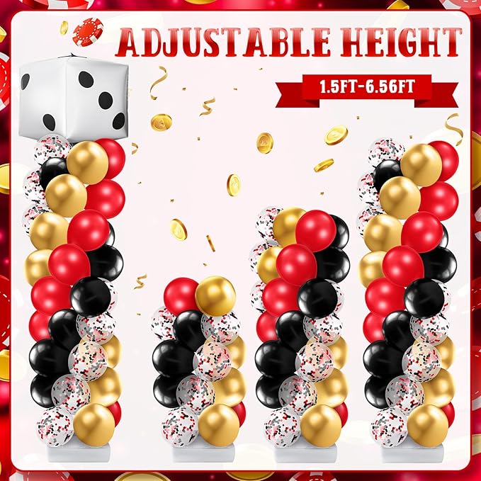 Kasyat 2 Set Casino Balloon Column Stand Kit Adjustable Red Black Gold Dice Poker Foil Balloons Arch Garland Kit for Birthday Casino Night Las Vegas Theme Party Decorations