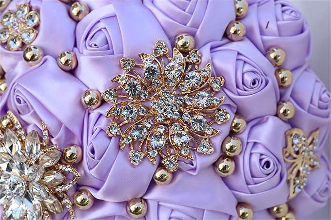 Bridal Wedding Bouquet for Bride Bridesmaid Wedding Quinceanera Throw Toss Artificial Rose Flower Bunch with Bling Brooch (07G#Light Purple, Medium (Dia. 8.7"/22cm))