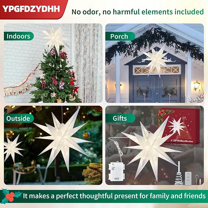 23" Large Moravian Star Outdoor Light, Moravian Star Christmas Tree Topper Lighted Battery Operated, Remote Control Hanging Outdoor/Indoor Tree Topper Light for Courtyard, Porch-White