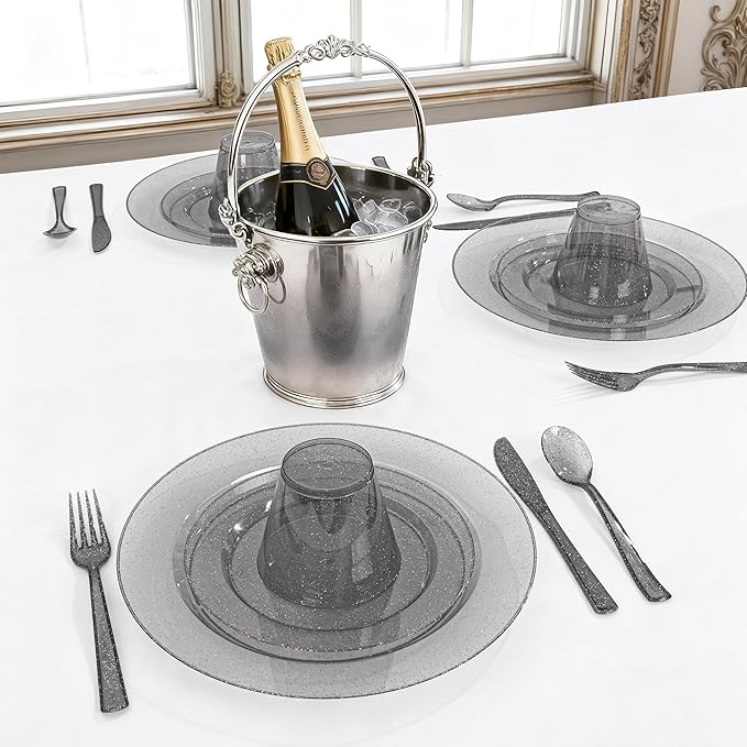 DaYammi 350 Pieces Black Glitter Dinnerware Set 50 Guest for Party- 50 Dinner Plates, 50 Dessert Plates -50 Per Rolled Napkins with Black Cutlery - 50 Disposable Cups 9 OZ