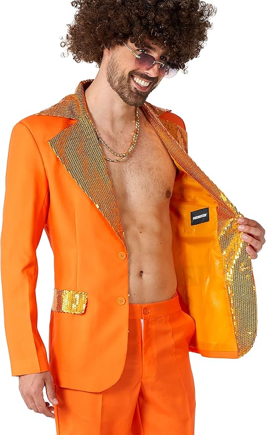 Suitmeister Men's Disco Costume - Perfect for Disco Parties - 70s Retro Outfit - Including Blazer, Pants and Tie - Orange