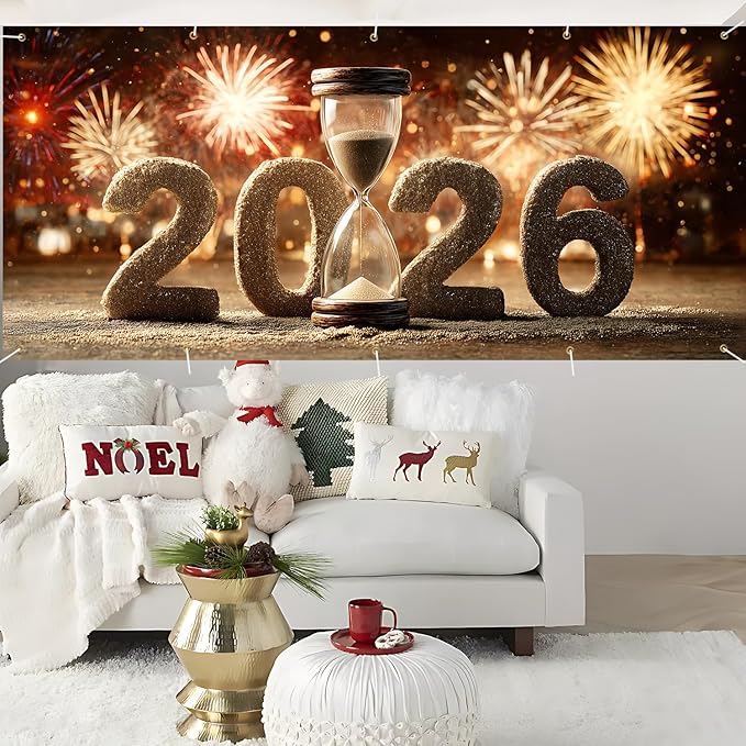 Happy New Year 2026 Garage Door Banner 7x16FT, Hourglass Countdown 2026 Garage Door Cover, Large Outdoor New Year Decoration Backdrop for Garage Doors, Fence, Yard, Party Photo Booth