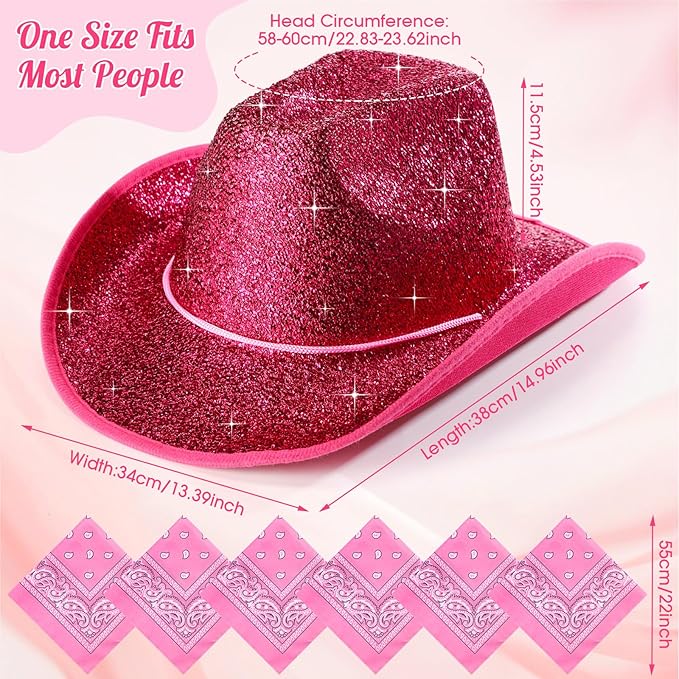 Coume 12 Pcs Sparkly Adults Cowboy Hat and Bandanas Women Men Western Glitter Cowgirl Party Hats with Adjustable Drawstring