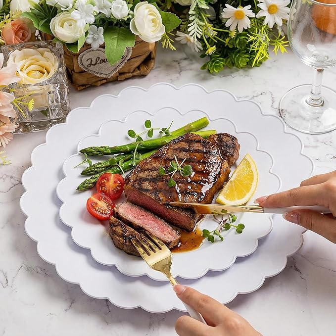 supernal 100pcs White Plastic Plates Disposable for Wedding,Plastic Plates For Party Includes 50pcs Dinner and Dessert Plate.Scalloped Plastic Platefor Valentine's Day Mother's Day and Easter