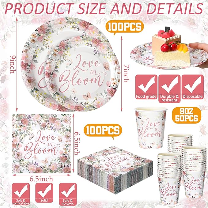 Zhehao 250 Pcs Love in Bloom Bridal Shower Plates Napkins Sets 50 Pcs 9'' Dinner Plates and 7'' Dessert Plate and 9oz Cups 100 Napkins Serves 50 Party Supplies Bridal Shower Engagement Decoration