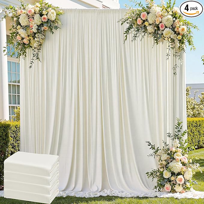 20ft x 8ft Wrinkle Free Ivory Backdrop Curtain for Parties, 4 Panels 5x8ft Silky Polyester Ivory Wedding Backdrop Drapes Photo Back Drop Cloth for Birthday Baby Shower Photography Background