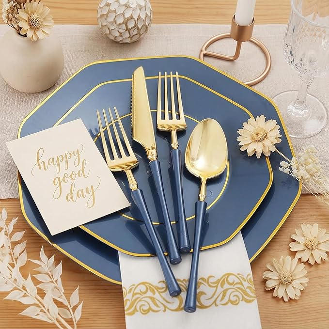 KIRE 140Pcs Blue Plastic Plates with Gold Rim - Gold Disposable Plastic Silverware with Blue Handle&Clear Cups&Hand Napkin - Geometric Party Plates for Hanukkah/Holiday/Party