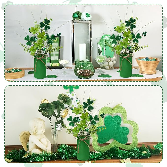 TORONTOKYO 6Pcs St Patricks Day Decorations Artificial Potted Plant Green Shamrock Stems Floral Picks Small Fake Plant for Home Party Table Centerpiece Decor