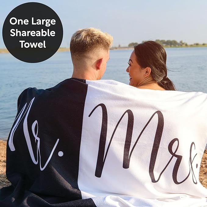 Mr and Mrs Beach Towel - Honeymoon Just Married Towel For Beach - Wedding Gift for Newlywed Couple - Shareable Bride and Groom Towel Set - Thin Travel Friendly His and Her Beach Towel - 78"x59"