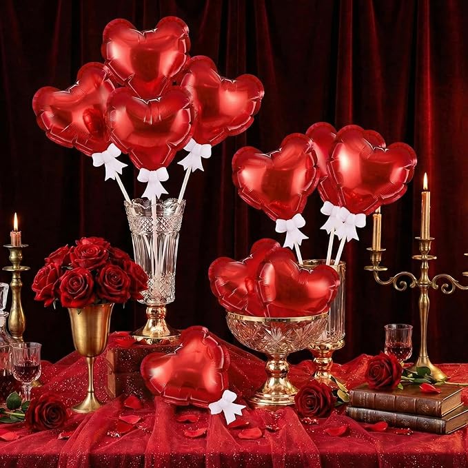 100 Pcs Valentine's Day Self Inflatable Heart Balloons with Bow Stems Mini Heart Balloons Decoration for Valentine Wedding Anniversary Party Supplies Cake Toppers(Red,6 Inch)