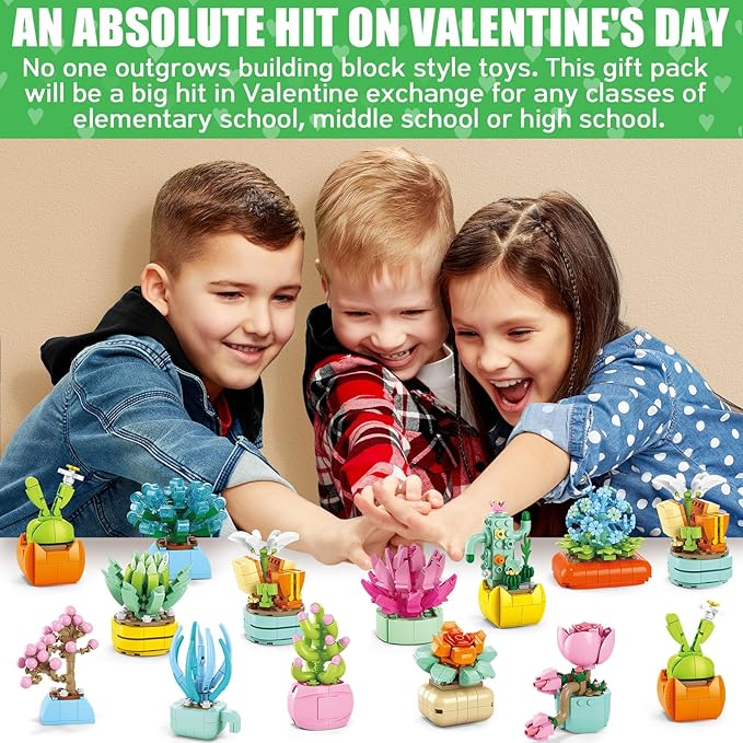 Valentines Day Gifts for Kids - 24 Packs Succulents Building Blocks with Valentines Day Cards for Kids School Boys Girls, Artificial Botanical Toy Exchange Gifts Classroom Prizes Party Favor