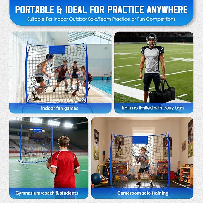 Football Throwing Net, Upgrade Heavy Duty Metal Frame Quarterback Training Equipment Throwing Machine with 1-4 Targets, Easy Setup Football Target Practice with CarryBag, Allweather Indoor Outdoor Use
