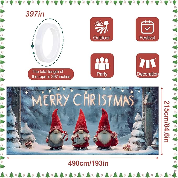 Christmas Garage Door Banner 7x16FT, Cute Christmas Gnomes Garage Door Cover, Large Outdoor Holiday Garage Decoration for Driveway, Porch and Winter Party Backdrop