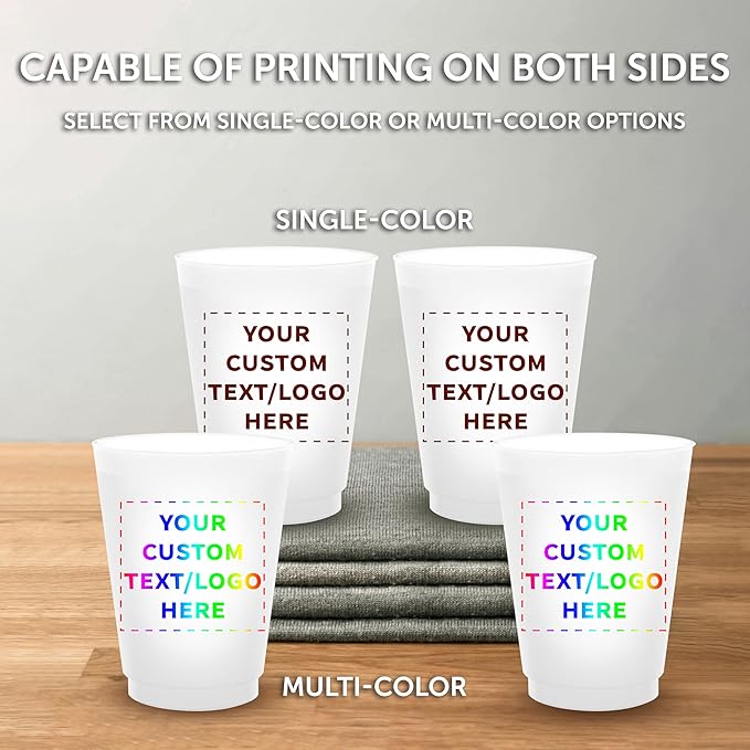 DISCOUNT PROMOS Custom Frosted Plastic Stadium Cups, 100 pack, Promotional Text, Logo, 16 oz. Shatterproof Flexible Reusable Party Cups– Pearl White