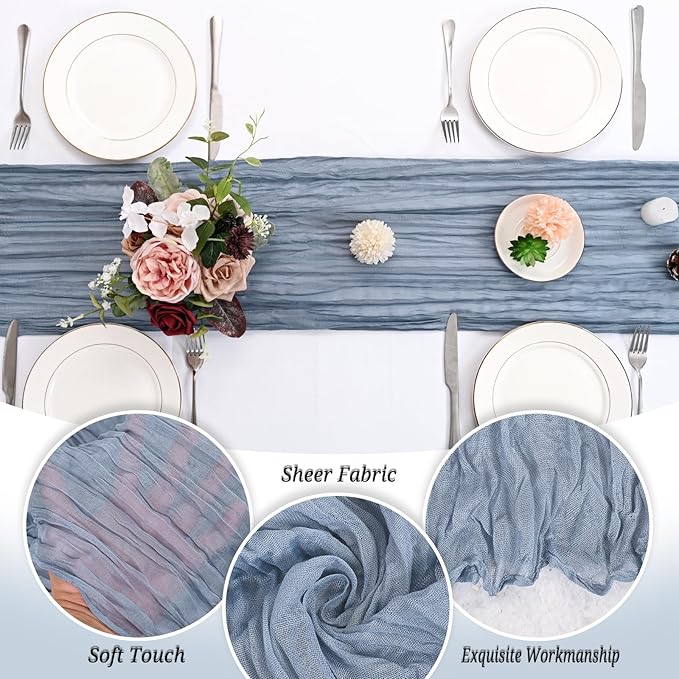 24 Pack Dusty Blue Cheesecloth Table Runner 120 inch Fall Thanksgiving Boho Rustic Gauze Farmhouse 10FT Cheese Cloth Runner for Baby Shower Wedding Party Holiday Home Decor