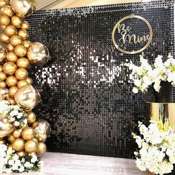 COKAOBE Black Shimmer Wall Backdrop, 24PCS Square Sequin Shimmer Backdrop Panel, Photo Backdrops for Birthday, Anniversary, Wedding, Graduation & Bachelorette Party Decoration
