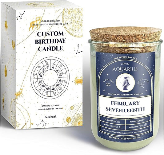 Birthday Candles - Custom Birthdate Astrological Zodiac Scented Candles. Astrology Gifts. All Natural Soy Wax. 75+ Hour Burn Time. Made in USA - February 17