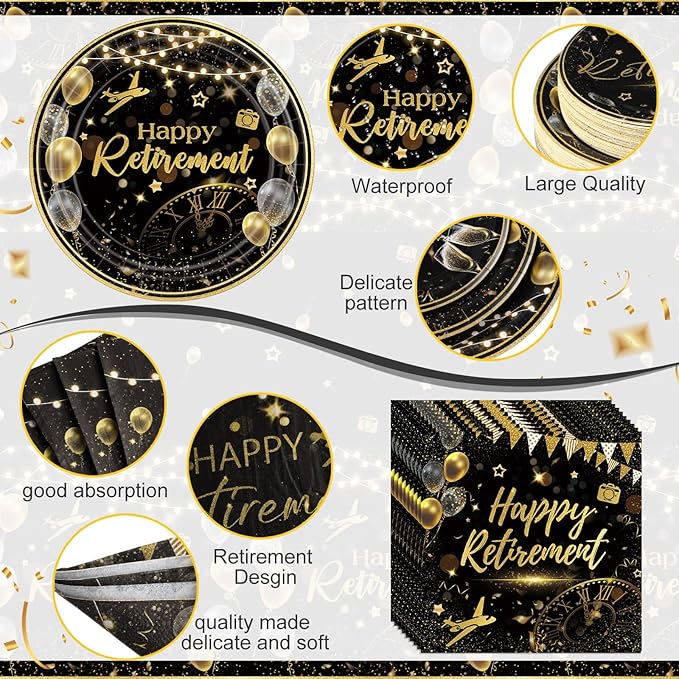 452 Pcs Party Supplies Serve 50 Guests, Paper Plates Napkins Cups Cutlery Plastic Tablecloth Dinnerware for Birthday Wedding Party Decoration(Black Gold,Happy Retirement)