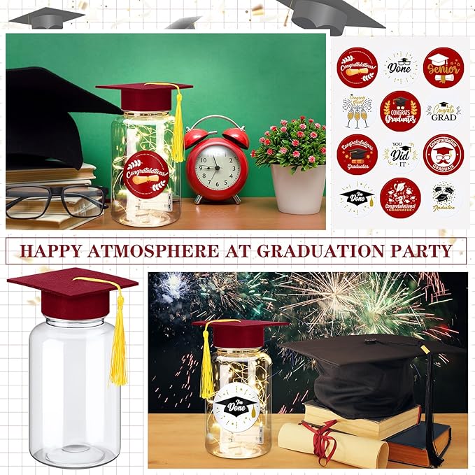 Boao 16 Sets Graduation Table Decoration Set with LED Light up Graduation Decorations for Class of 2026, Grad Jar, Felt Grad Hat and Stickers for High School College(Dark Red)
