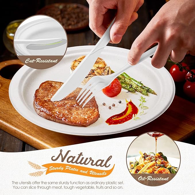 Compostable Paper Plates 350pcs Disposable Plates for Wedding Party Eco-friendly Sugarcane Plates Biodegradable Cutlery Forks Knives Spoons Cups and Straws for 50 People
