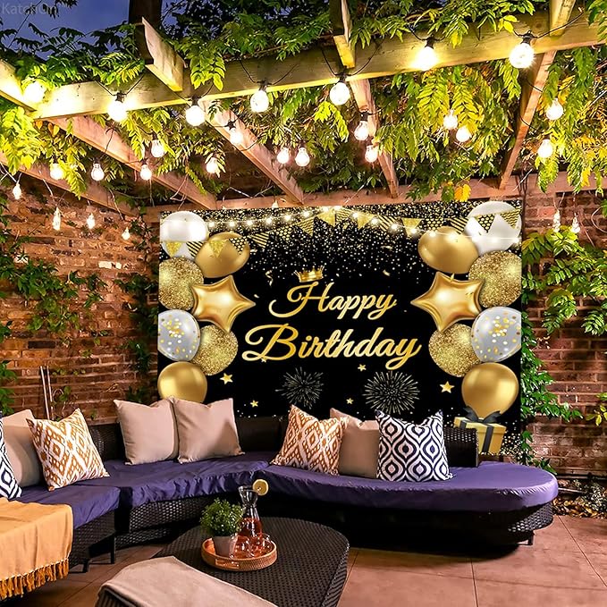 Chloroplastid 10x8ft Happy Birthday Backdrop Banner for Men Women Boys Girls Black and Gold Balloons Birthday Backdrop for Kids Children Birthday Party Background Decorations