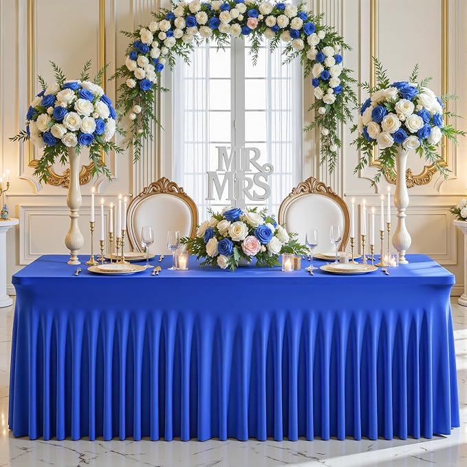 Wish Care 2 Pack Royal Blue Spandex Table Clothes for 8 Foot Rectangle Tables, 8FT Wrinkle Free Fitted Tablecloths Ruffles Design Table Cloth for Party, Banquet, Wedding and Events