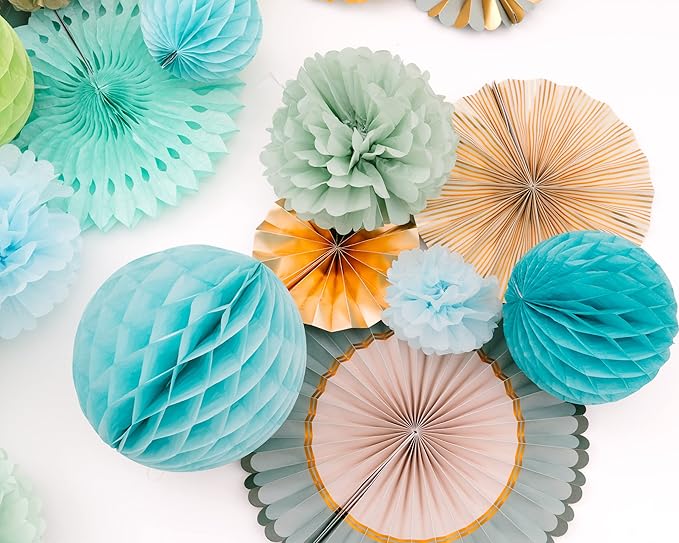 PapaKit Deluxe Origami Large Wall Decoration Set (Assorted Paper Fans & Pom-poms) Birthday Party Baby Shower Wedding Event Decor | Creative Art Design Pattern (Sage Green, Deluxe 26 Piece Set))