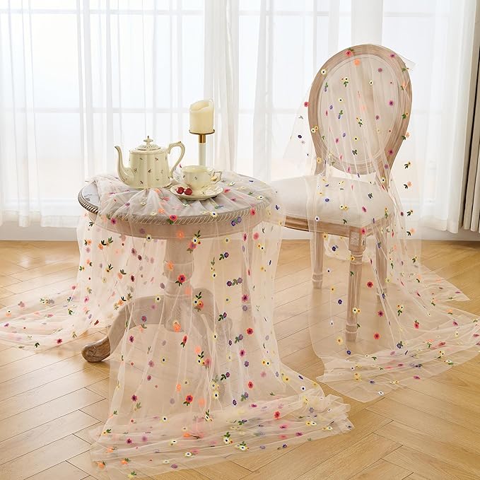 6PCS Champagne Floral Table Runner 10 FT, Embroidery Daisy Table Runners Seasonal Spring Summer Sheer Tulle Dining Table Decor for Home Party Birthday Decor 29x120 Inch ﻿