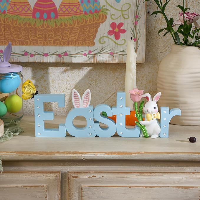 NIKKY HOME Easter Decor for Table, Easter Bunny Sign Table Decor, Cute Rabbit Centerpiece Resin Holiday Decorations for Shelf Mantel Spring Decorations for Party