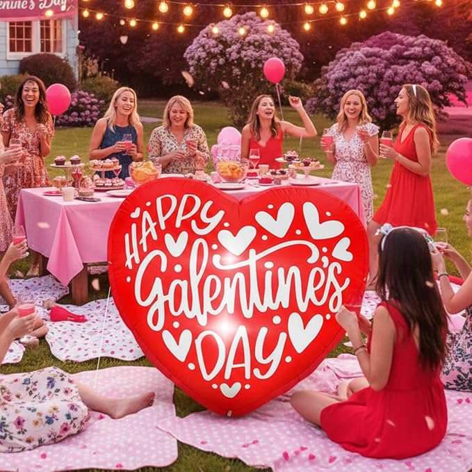 VIHOSE Happy Galentines Day Inflatables Decorations 4.3 ft Pink Galentines Day Blow up Decor Heart LED Lights Inflatable Decor for Ladies Girls Friends Valentine Party Photo Props