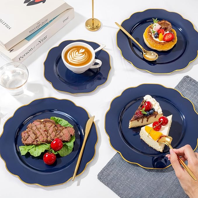 bUCLA 180PCS Blue Plastic Plates - Navy Blue and Gold Rim Disposable Include 30 Each (Dinner & Dessert) Plates, 30 Knives, 30 Forks, 30 Spoons and 30 Cups, Ideal for Party, Gathering and Hanukkah