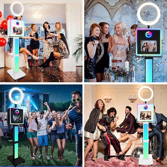 Photo Booth for iPad 10.2" 10.9" 11" 12.9" & Camera,2-in-1 Selfie Station Shell Stand Camera Photobooth Machine,App Control RGB Fill Light,for Parties,Rental Business (White + Flight Case)