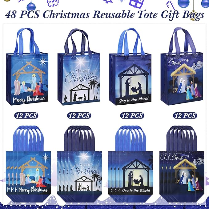 Wesnoy 48 Pcs Nativity Christmas Gift Bags Bulk 10 x 8 x 4 Inch Reusable Non Woven Jesus Goodie Bags with Handles- Large Christian Candy Treat Totes for Religious Holy Night Holiday Party Favor