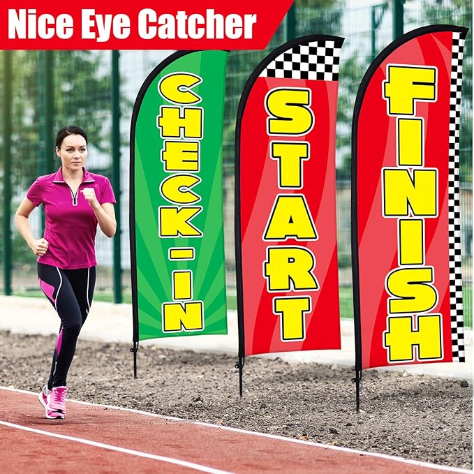 Buryeah 3 Sets Start Finish and Check-in Feather Flag 8 ft Start Advertising Banner Swooper Flag with Pole Kit and Ground Stake for Marathons and Special Events Outside, Red and Green