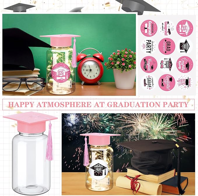 Boao 16 Sets Graduation Table Decoration Set with LED Light up Graduation Decorations for Class of 2026, Grad Jar, Felt Grad Hat and Stickers for High School College(Pink)