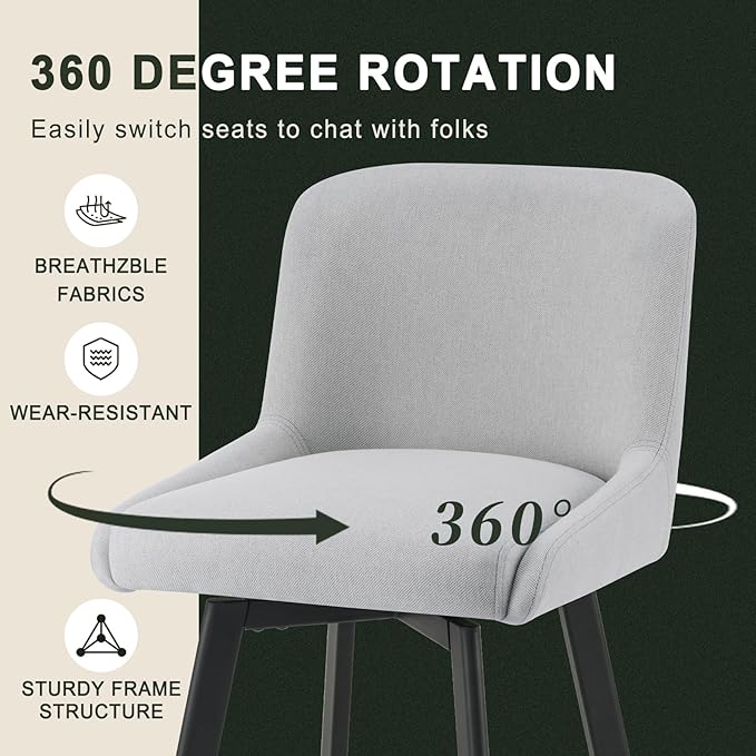 Swivel Bar Stools Set of 6, 26''H Upholstered Barstools with Backs, Modern Counter Height Bar Stool Chairs for Kitchen Island, Metal Legs, Fabric, Light Gray Counter Stools