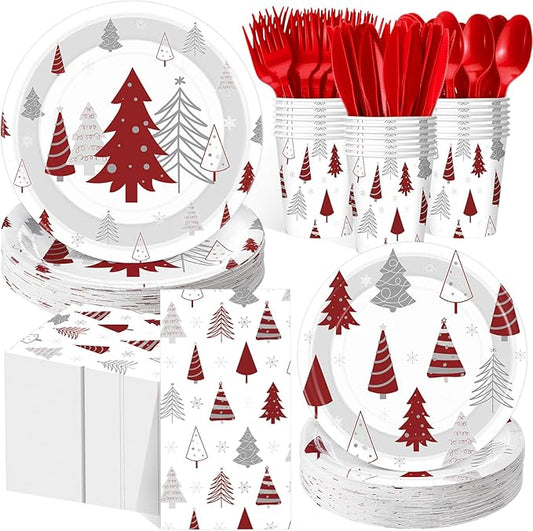 Pickmesh 400 Pcs Christmas Party Supplies Red Silver Xmas Tree Snowflake Disposable Paper Plates Napkins Cups Cutlery for Winter Xmas Christmas Birthday Party Table Decorations Serve 50