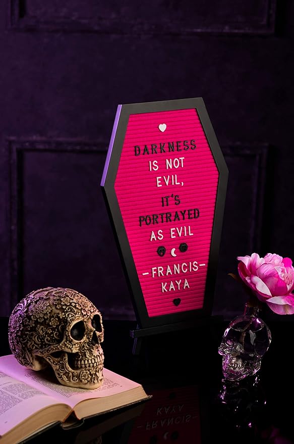 Coffin Letter Board Pink With Spooky Emojis +500 Characters, and Wooden Stand - 17x10.5 Inches - Gothic Halloween Decor Spooky Gifts Decorations