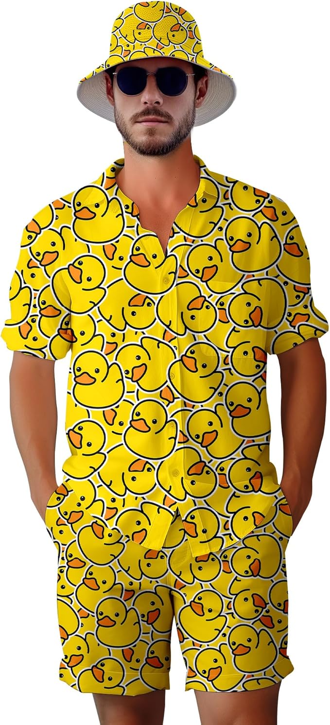 Men's 2 Piece Tracksuit 80s 90s Outfit Button Down 80s Shirts and Shorts Sets with Bucket Hats