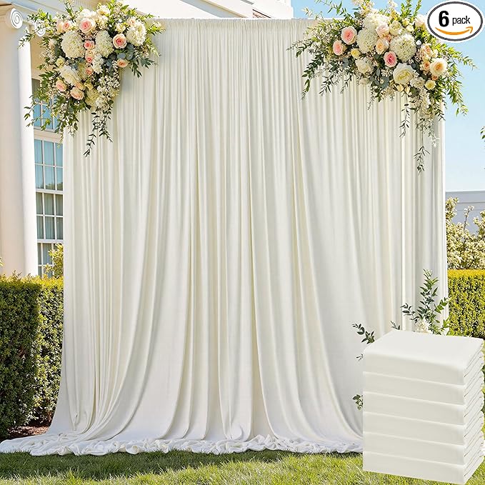 30ft x 8ft Wrinkle Free Ivory Backdrop Curtain for Parties, 6 Panels 5x8ft Silky Polyester Ivory Wedding Backdrop Drapes Photo Back Drop Cloth for Birthday Baby Shower Photography Background