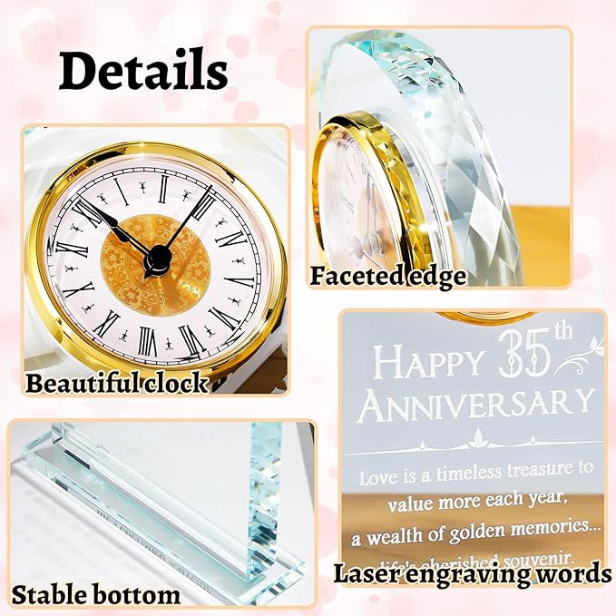 YWHL 35th Wedding Anniversary Clock Gifts for Parents, 35 Years Anniversary Glass Quartz Clock Gifts for Couple Wife Husband, Table Clock Gifts for 35th Anniversary Decoration (Battery not Included)