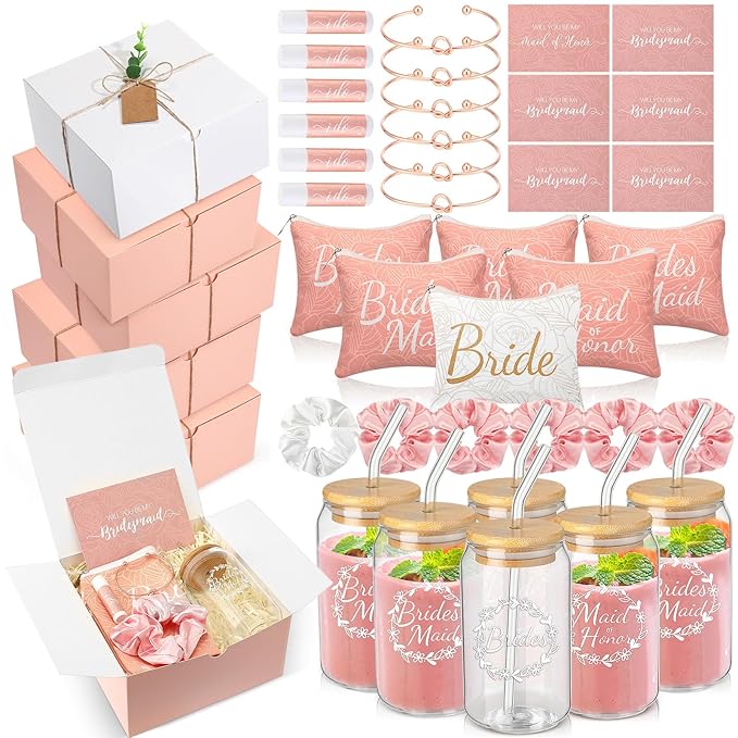 54 Pcs Bridesmaid Proposal Gifts, Maid of Honor Gift Include Wedding Gift Box Makeup Bag Invited Card Glass Cup Lip Balm Scrunchie Bracelet for Bridal Shower Bachelorette Party(Pink, White)