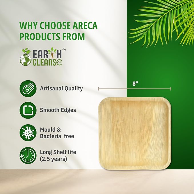 Compostable Palm Leaf Plates 8 Inch Square (75 Pack) | Disposable Biodegradable Plates Like Bamboo & Wooden | Microwave & Oven Safe | Eco-Friendly