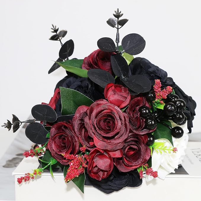 Bridesmaid Bouquets Set of 4 - Gothic Flowers Bouquet for Bridesmaids Halloween Marriage Proposal Party Ceremony Anniversary Dining Table Centerpiece Decor - Black and Red