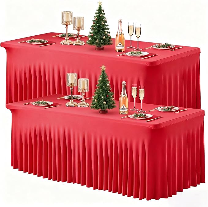 Wish Care 2 Pack Red Spandex Table Clothes for 6 Foot Rectangle Tables, 6FT Wrinkle Free Fitted Tablecloths Ruffles Design Table Cover for Party, Banquet, Wedding and Events