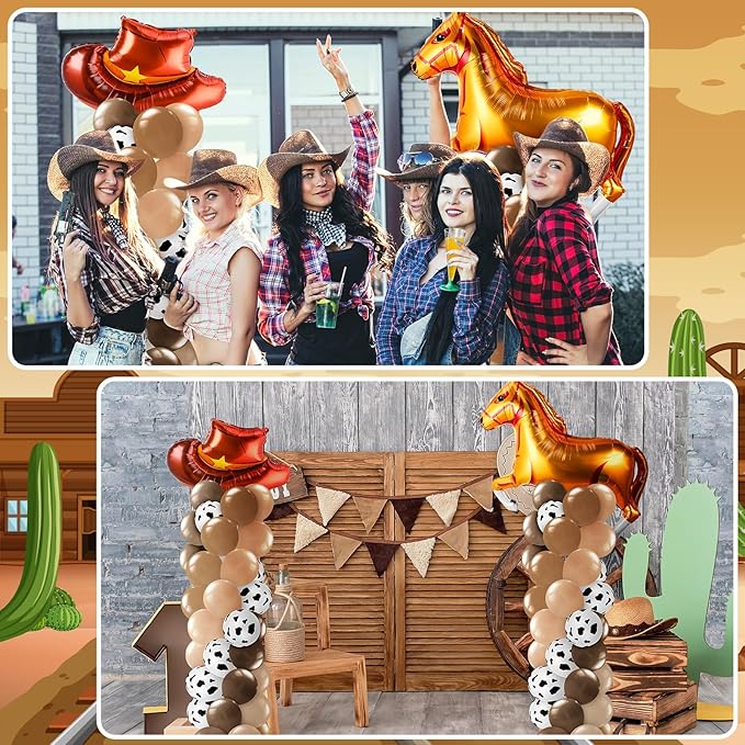 Kasyat 2 Sets Cowboy Birthday Party Balloon Column Stand Kit Western Party Decorations, Hat and Horse Foil Balloons Adjustable Stands for My First Rodeo Decorations Boy