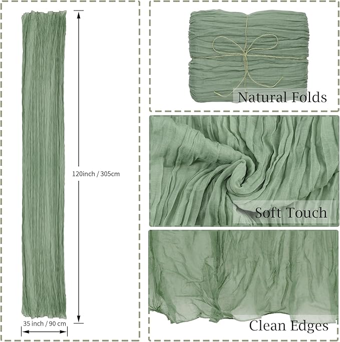 combocube 12 Pack 35x120 Inch 10Ft Cheesecloth Long Table Runner Gauze Rustic Romantic Table Cloth for Wedding Reception Bridal Shower Holiday Birthday Party Table Decorations, Sage Green
