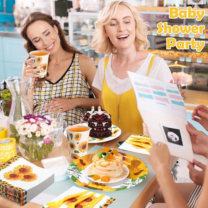 Pickmesh 400 Pcs Sunflower Party Supplies for 50 Guests Disposable Plates Napkins Cups Spoons Forks Knives for Birthday Wedding Bridal Shower Baby Shower Sunflower Table Decorations