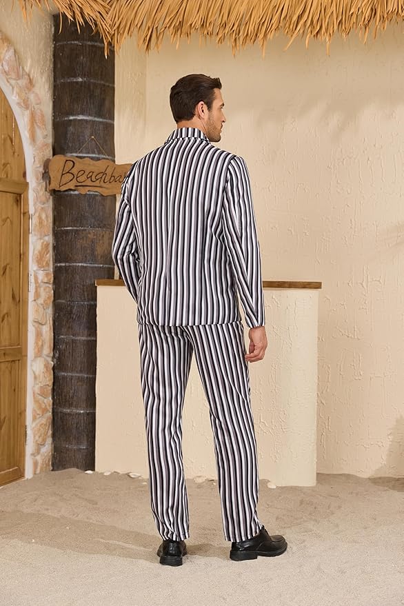 Men's 1920s Gangster Costume Wig Pinstripe Suit Blazer Jacket Shirt Pants Set with Necktie Halloween Cosplay Outfits