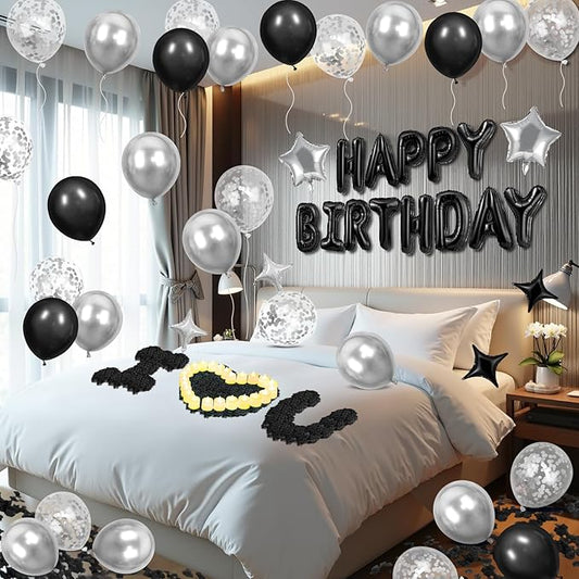 Black Happy Birthday Balloons Decorations Silver and Black Birthday Balloon Letters Banner with 6 Pcs Star Balloons Black Artificial Rose Petals 24 Flameless LED Candles for Room Birthday Party Decor